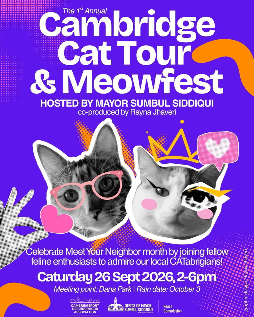 Cambridge 2026 Cat Tour & Meowfest Purple poster titled "The 1st Annual Cambridge Cat Tour & Meowfest," hosted by Mayor Sumbul Siddiqui and co-produced by Rayna Jhaveri. Two black-and-white cat photos are styled with playful pop-art graphics: one cat wears pink glasses, the other wears a go